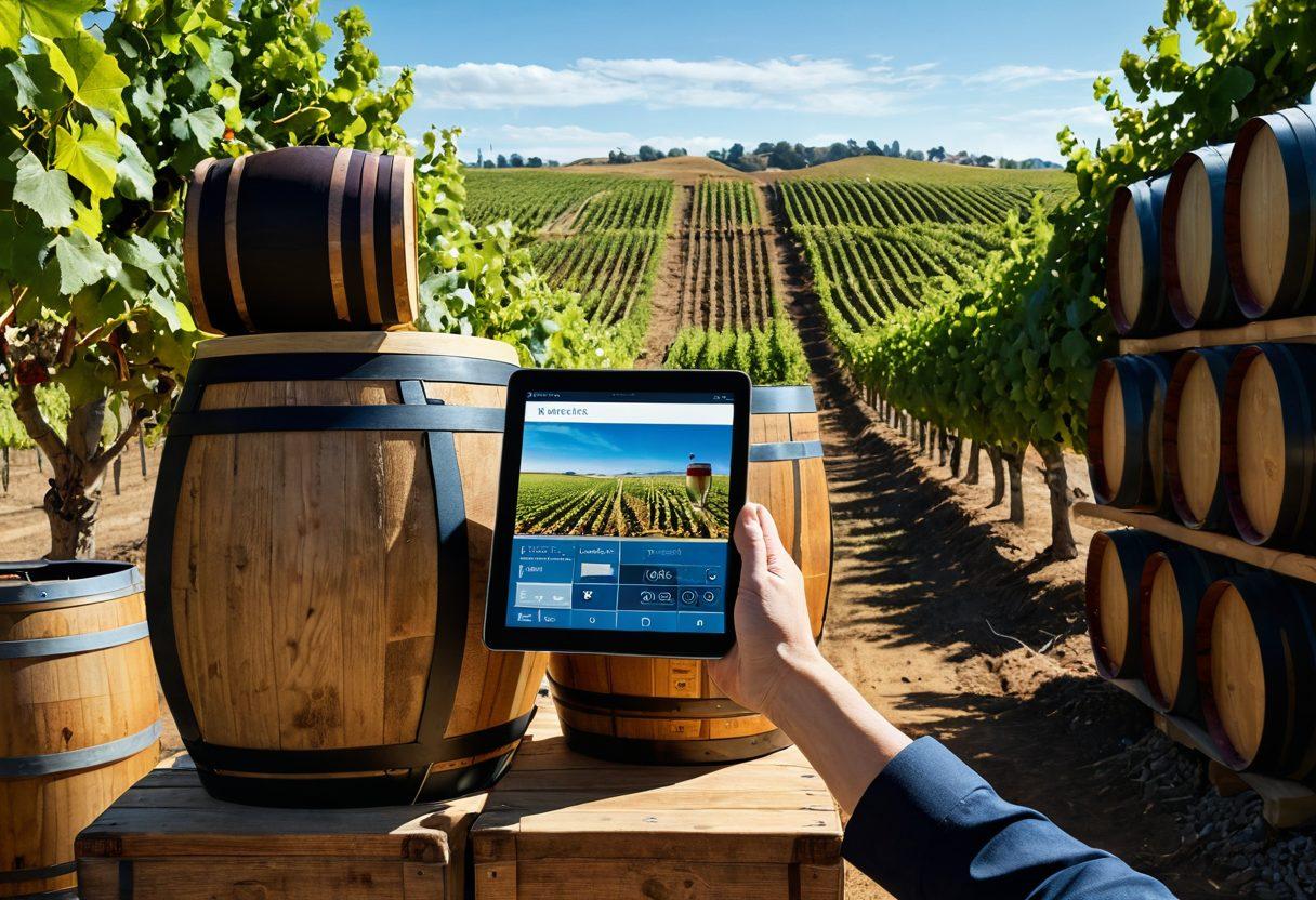 A modern vineyard with barrels and bottles of wine organized neatly, showcasing cutting-edge tracking technology such as digital screens and labels. Include a scenic background of lush grapevines under a clear blue sky, with a focus on a winemaker using a tablet for distribution logistics. The scene should evoke a sense of efficiency and elegance in the wine production process. super-realistic. vibrant colors. 3D.