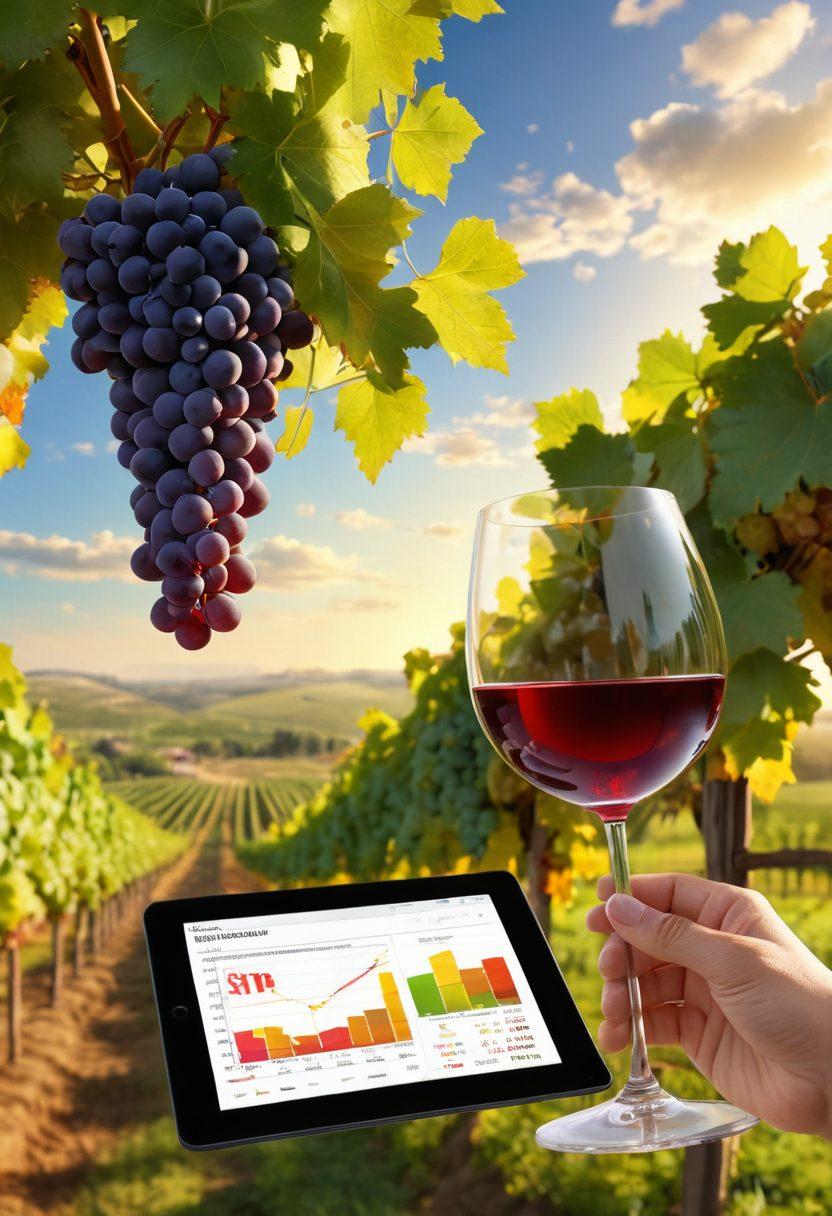 A dynamic vineyard landscape showcasing ripe grapes on vines, with a transparent glass of wine in the foreground. Include a group of diverse professionals discussing quality control and sales management, with charts and data on a tablet. Incorporate a bright sunny sky to evoke a sense of harvest and productivity. super-realistic. vibrant colors. 3D.