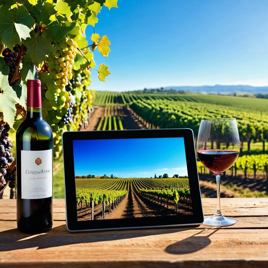 A picturesque vineyard landscape with rows of lush grapevines under a bright blue sky, a digital tablet displaying wine management software in the foreground, and a glass of red wine reflecting the vineyard ambiance. Include subtle elements like a wine barrel and harvest tools to enhance the theme of vineyard management. vibrant colors. super-realistic. natural lighting.